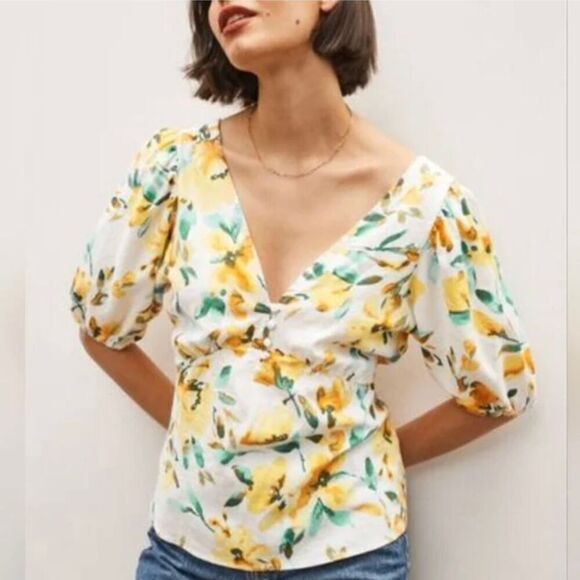 GAP Tops - Gap Floral Puff Sleeve Peplum Blouse V-Neck Linen Blend White Women's Size S